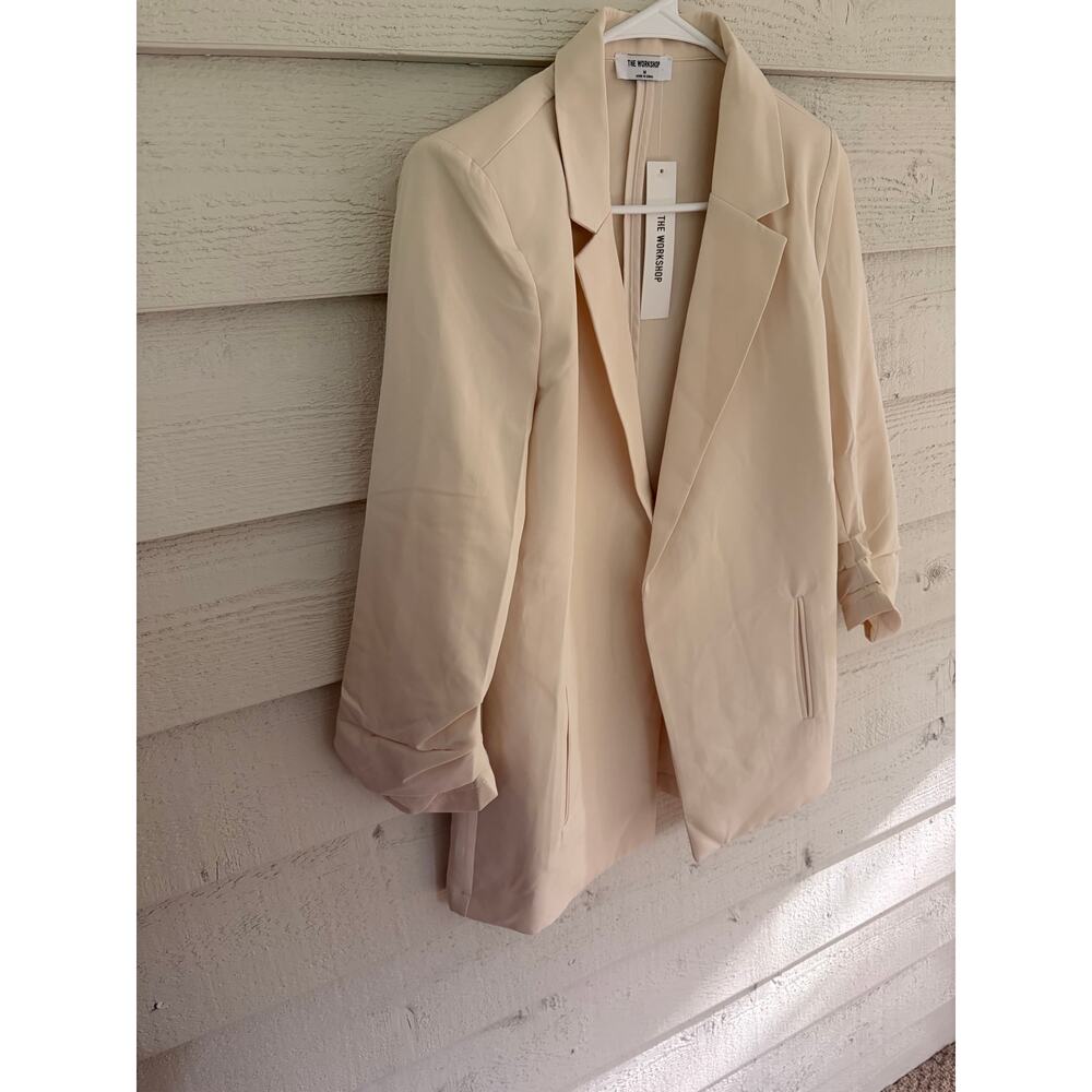 The Workshop Cream Open Front Blazer Ruched Sleeve Jacket Women's S/M - Picture 3 of 8